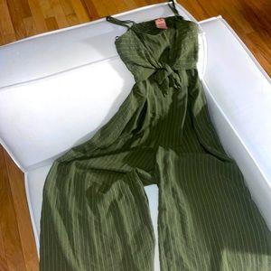 Forest Green Flying Tomato Pantsuit / Jumper with Small White Vertical Stripes